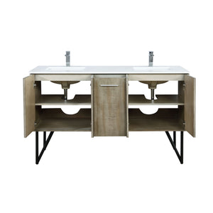 Lexora  Lancy 60" Rustic Acacia Double Bathroom Vanity, White Quartz Top, White Square Sinks, and Labaro Brushed Nickel Faucet Set LLC60DKSOS000FBN