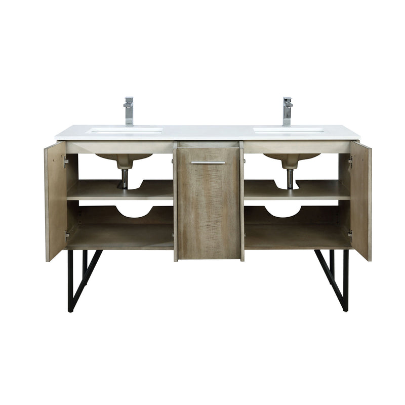 Lexora  Lancy 60" Rustic Acacia Double Bathroom Vanity, White Quartz Top, White Square Sinks, and Labaro Brushed Nickel Faucet Set LLC60DKSOS000FBN