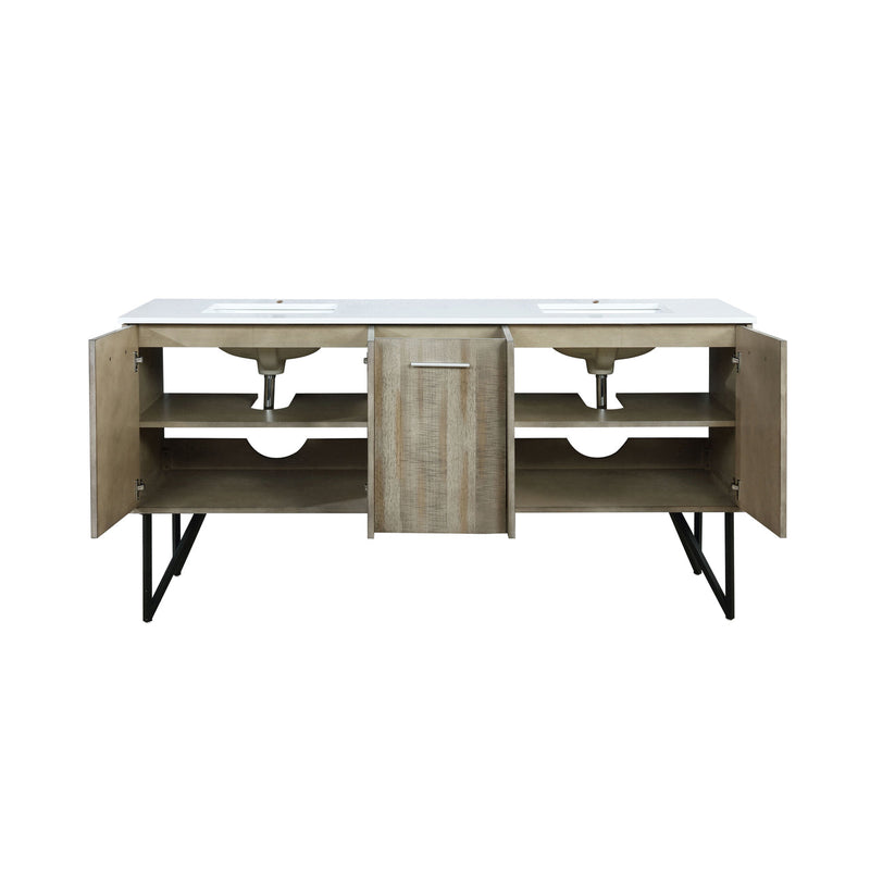 Lexora  Lancy 72" Rustic Acacia Double Bathroom Vanity, White Quartz Top, and White Square Sinks LLC72DKSOS000