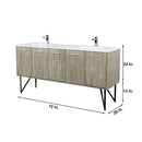 Lexora  Lancy 72" Rustic Acacia Double Bathroom Vanity, White Quartz Top, White Square Sinks, Labaro Brushed Nickel Faucet Set, and 70" Frameless Mirror LLC72DKSOSM70FBN