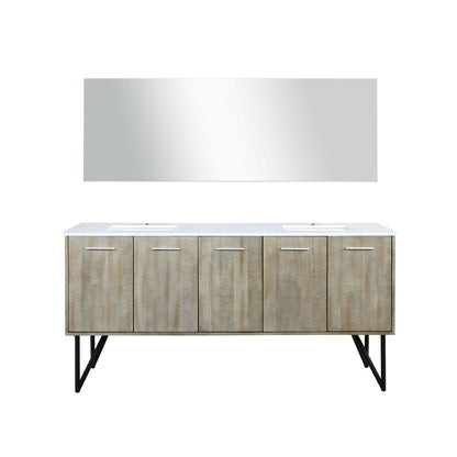 Lexora  Lancy 72" Rustic Acacia Double Bathroom Vanity, White Quartz Top, White Square Sinks, Labaro Brushed Nickel Faucet Set, and 70" Frameless Mirror LLC72DKSOSM70FBN