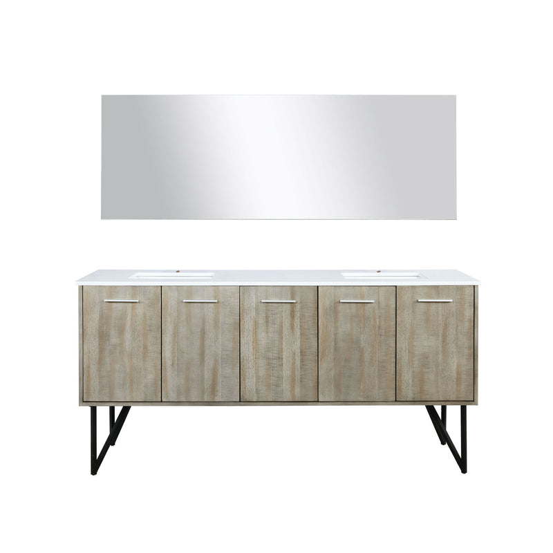 Lexora  Lancy 72" Rustic Acacia Double Bathroom Vanity, White Quartz Top, White Square Sinks, and 70" Frameless Mirror LLC72DKSOSM70