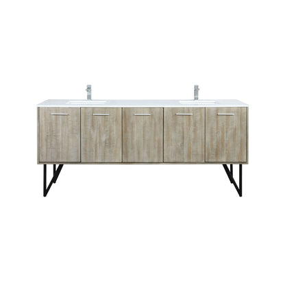 Lexora Lancy 80" Rustic Acacia Double Bathroom Vanity, White Quartz Top, White Square Sinks, and Balzani Gun Metal Faucet Set LLC80DKSOS000FGM