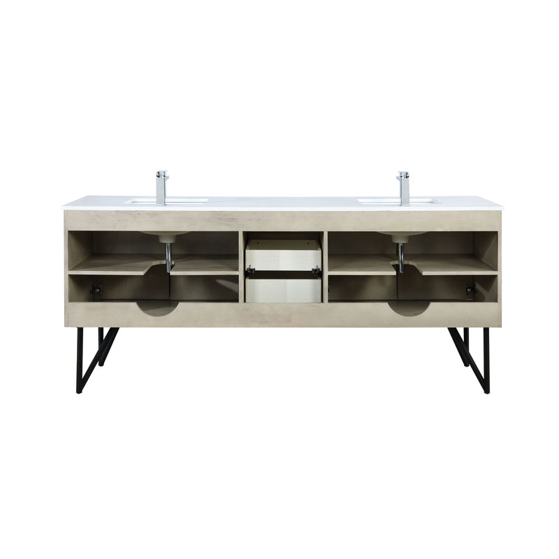 Lexora Lancy 80" Rustic Acacia Double Bathroom Vanity, White Quartz Top, White Square Sinks, Balzani Gun Metal Faucet Set, and 70" Frameless Mirror LLC80DKSOSM70FGM