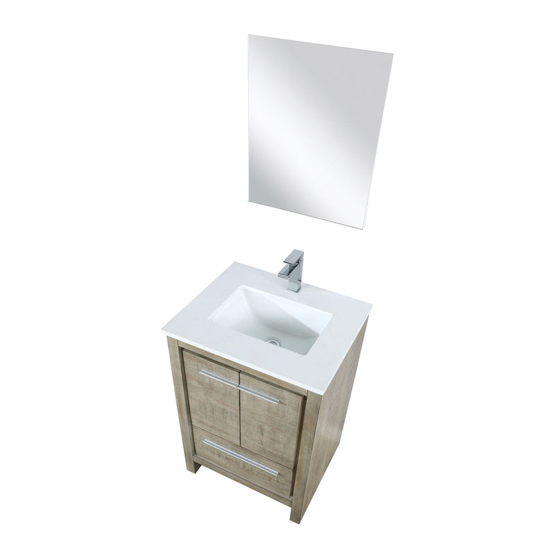 Lexora Lafarre 24" Rustic Acacia Bathroom Vanity, White Quartz Top, White Square Sink, Labaro Brushed Nickel Faucet Set, and 18" Frameless Mirror LLF24SKSOSM18FBN