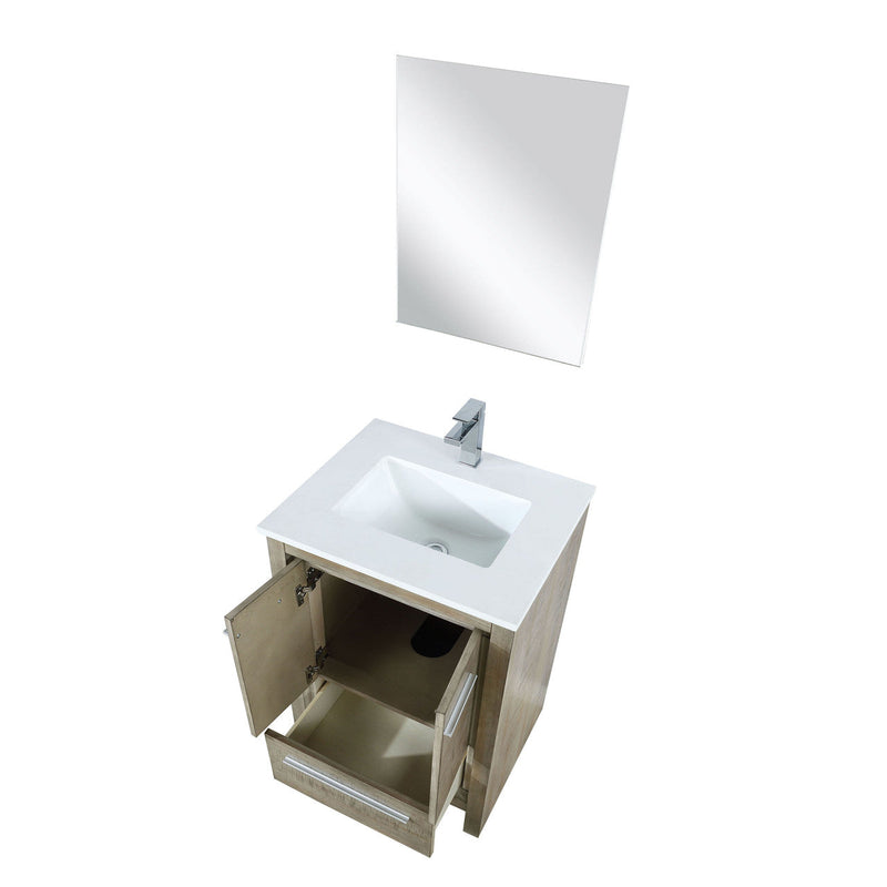 Lexora Lafarre 24" Rustic Acacia Bathroom Vanity, White Quartz Top, White Square Sink, Labaro Brushed Nickel Faucet Set, and 18" Frameless Mirror LLF24SKSOSM18FBN