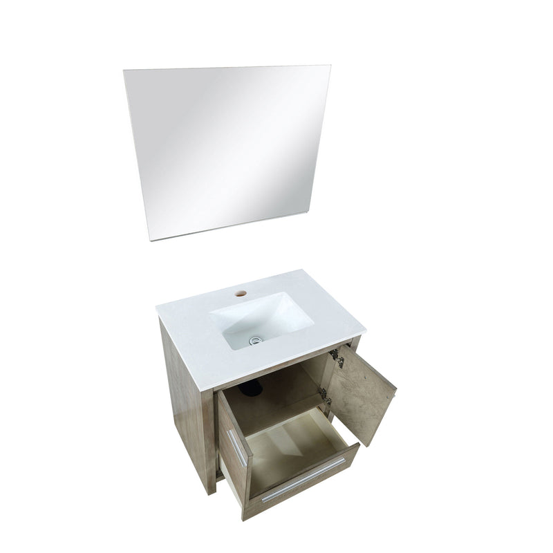 Lexora Lafarre 30" Rustic Acacia Bathroom Vanity, White Quartz Top, White Square Sink, and 28" Frameless Mirror LLF30SKSOSM28