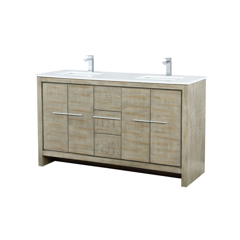 Lexora Lafarre 60" Rustic Acacia Double Bathroom Vanity, White Quartz Top, White Square Sinks, and Labaro Brushed Nickel Faucet Set LLF60DKSOD000FBN