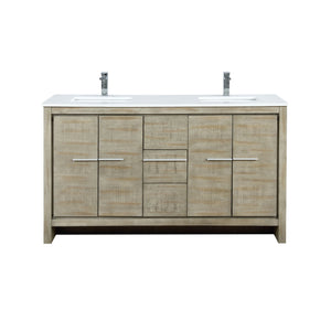 Lexora Lafarre 60" Rustic Acacia Double Bathroom Vanity, White Quartz Top, White Square Sinks, and Labaro Brushed Nickel Faucet Set LLF60DKSOD000FBN