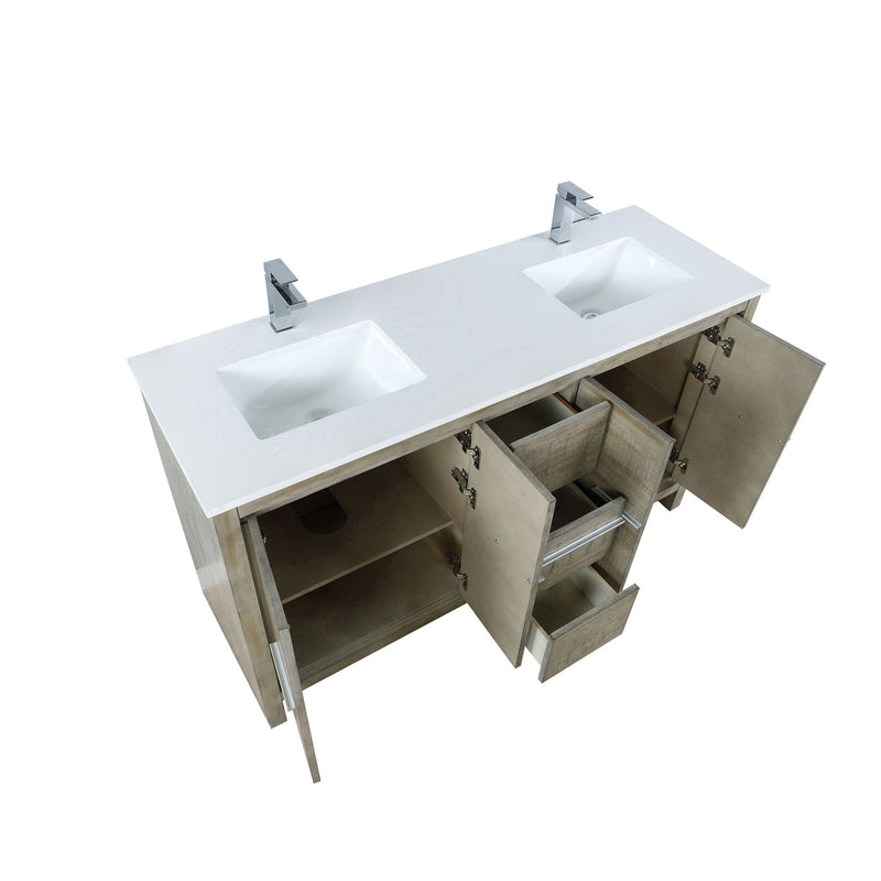 Lexora Lafarre 60" Rustic Acacia Double Bathroom Vanity, White Quartz Top, White Square Sinks, and Labaro Brushed Nickel Faucet Set LLF60DKSOD000FBN