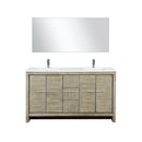 Lexora Lafarre 60" Rustic Acacia Double Bathroom Vanity, White Quartz Top, White Square Sinks, Balzani Gun Metal Faucet Set, and 55" Frameless Mirror LLF60DKSODM55FGM