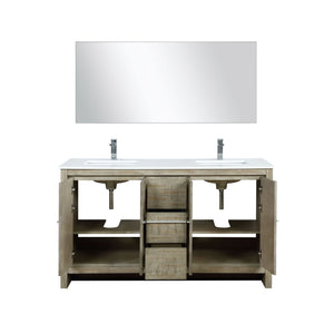 Lexora Lafarre 60" Rustic Acacia Double Bathroom Vanity, White Quartz Top, White Square Sinks, Balzani Gun Metal Faucet Set, and 55" Frameless Mirror LLF60DKSODM55FGM