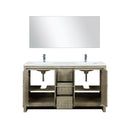 Lexora Lafarre 60" Rustic Acacia Double Bathroom Vanity, White Quartz Top, White Square Sinks, Balzani Gun Metal Faucet Set, and 55" Frameless Mirror LLF60DKSODM55FGM
