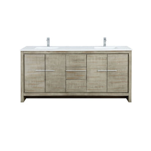 Lexora Lafarre 72" Rustic Acacia Double Bathroom Vanity, White Quartz Top, White Square Sinks, and Balzani Gun Metal Faucet Set LLF72DKSOD000FGM