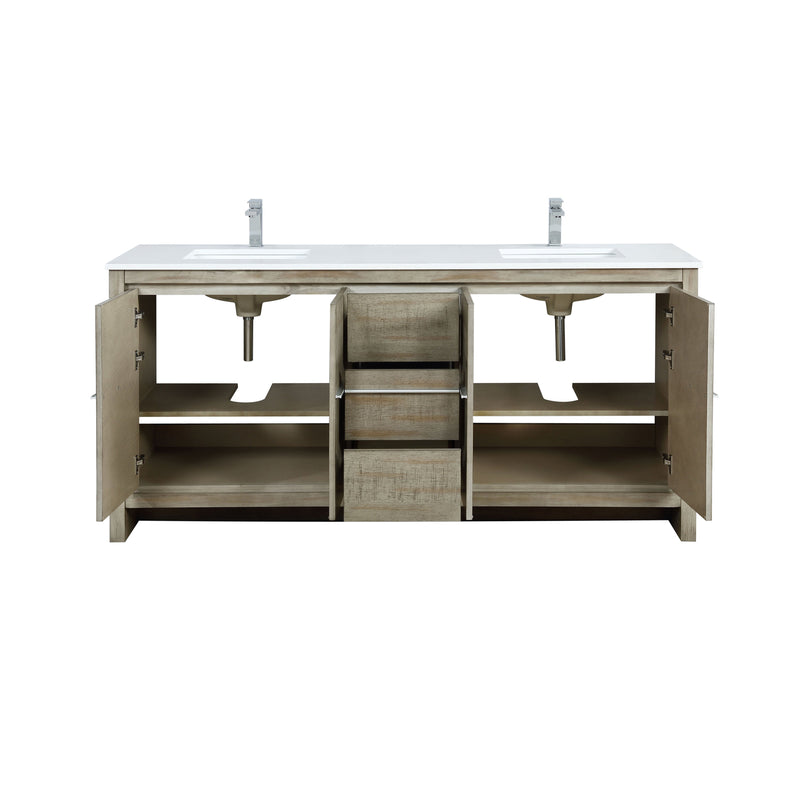 Lexora Lafarre 72" Rustic Acacia Double Bathroom Vanity, White Quartz Top, White Square Sinks, and Labaro Rose Gold Faucet Set LLF72DKSOD000FRG