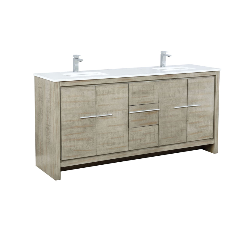 Lexora Lafarre 72" Rustic Acacia Double Bathroom Vanity, White Quartz Top, White Square Sinks, and Labaro Rose Gold Faucet Set LLF72DKSOD000FRG