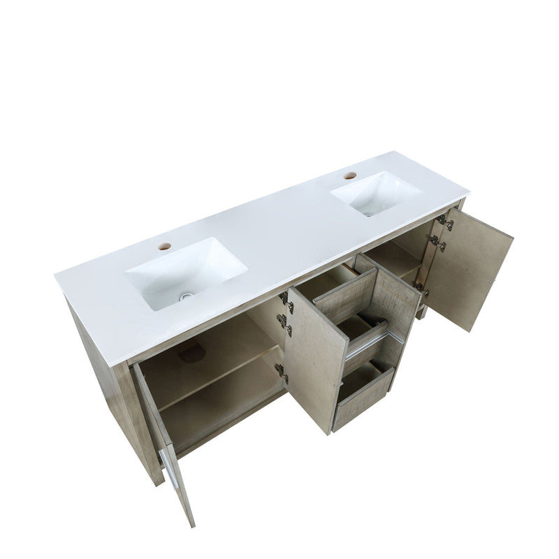Lexora Lafarre 72" Rustic Acacia Double Bathroom Vanity, White Quartz Top, and White Square Sinks LLF72DKSOD000