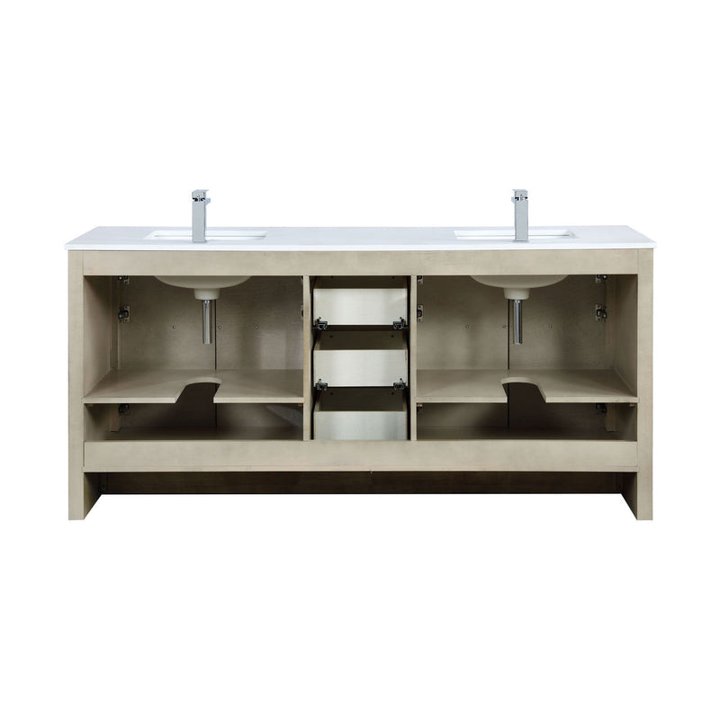 Lexora Lafarre 72" Rustic Acacia Double Bathroom Vanity, White Quartz Top, White Square Sinks, Labaro Brushed Nickel Faucet Set, and 70" Frameless Mirror LLF72DKSODM70FBN
