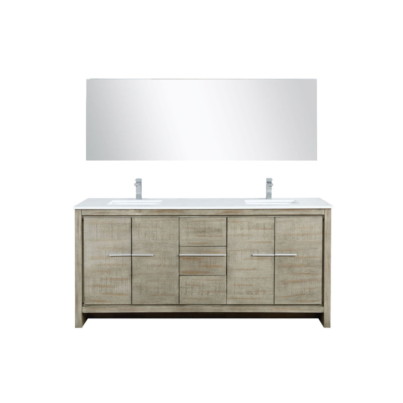 Lexora Lafarre 72" Rustic Acacia Double Bathroom Vanity, White Quartz Top, White Square Sinks, Labaro Brushed Nickel Faucet Set, and 70" Frameless Mirror LLF72DKSODM70FBN