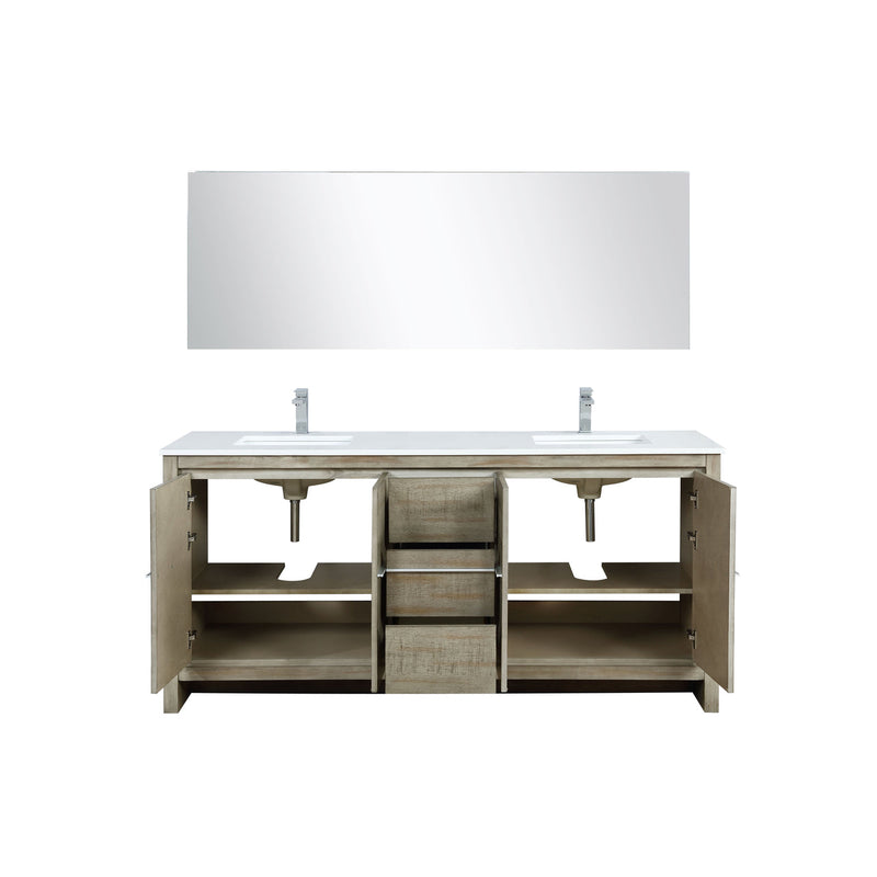 Lexora Lafarre 72" Rustic Acacia Double Bathroom Vanity, White Quartz Top, White Square Sinks, Labaro Brushed Nickel Faucet Set, and 70" Frameless Mirror LLF72DKSODM70FBN