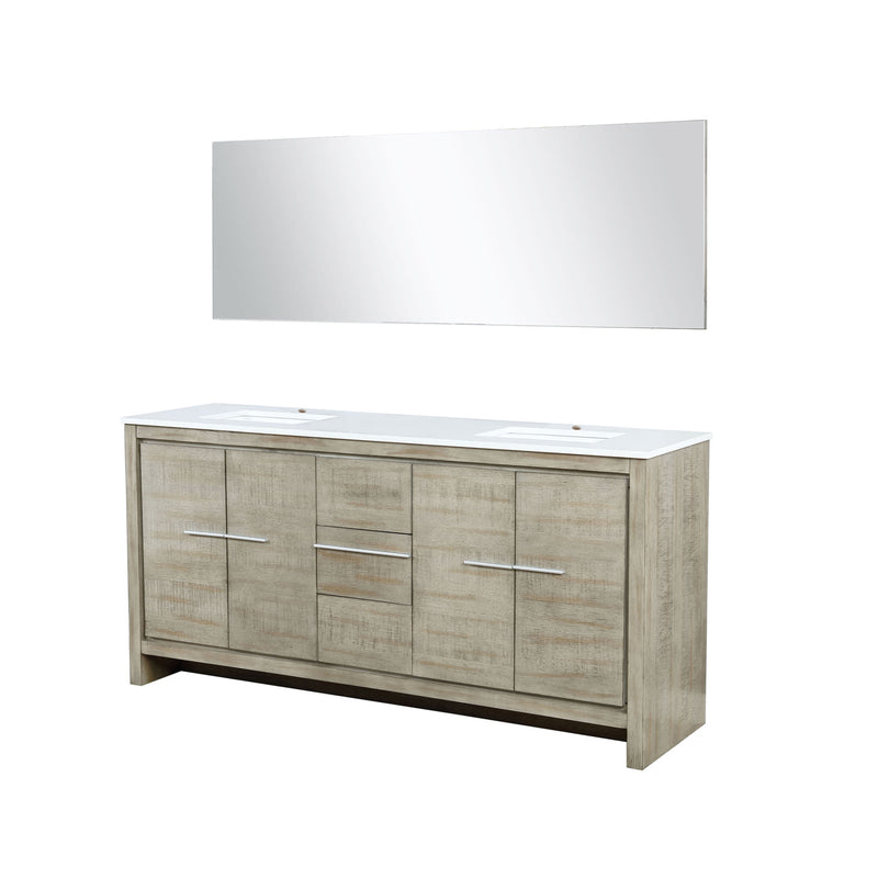 Lexora Lafarre 72" Rustic Acacia Double Bathroom Vanity, White Quartz Top, White Square Sinks, and 70" Frameless Mirror LLF72DKSODM70