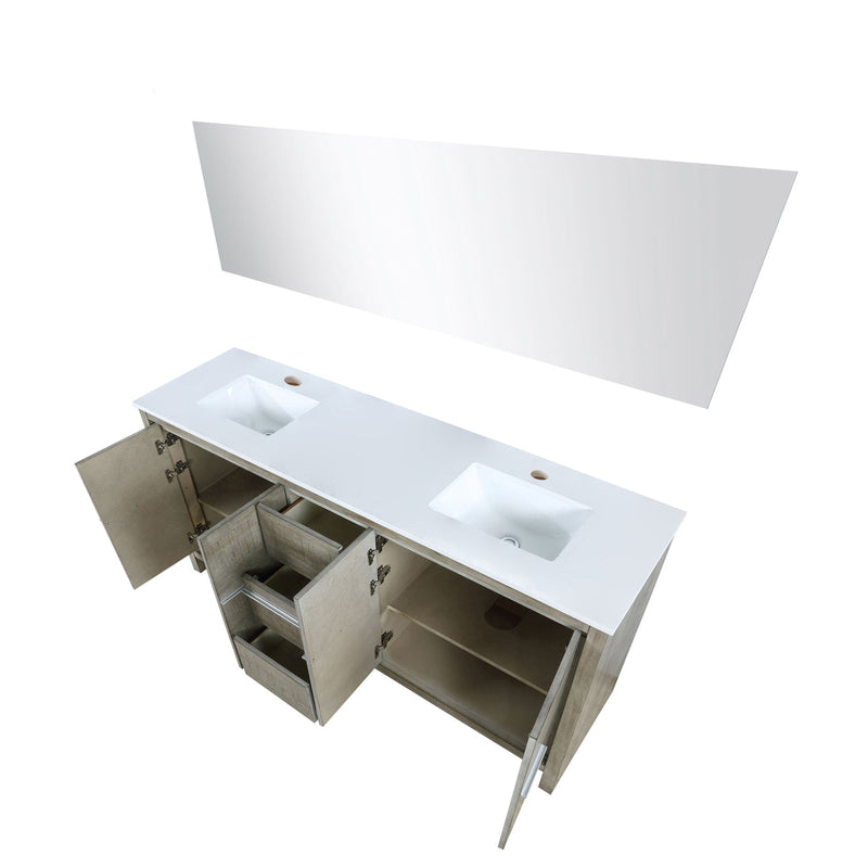 Lexora Lafarre 72" Rustic Acacia Double Bathroom Vanity, White Quartz Top, White Square Sinks, and 70" Frameless Mirror LLF72DKSODM70