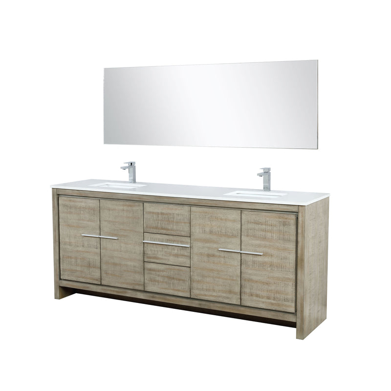 Lexora  Lafarre 80" Rustic Acacia Double Bathroom Vanity, White Quartz Top, White Square Sinks, Labaro Brushed Nickel Faucet Set, and 70" Frameless Mirror LLF80DKSODM70FBN