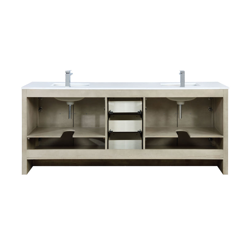 Lexora  Lafarre 80" Rustic Acacia Double Bathroom Vanity, White Quartz Top, White Square Sinks, Labaro Brushed Nickel Faucet Set, and 70" Frameless Mirror LLF80DKSODM70FBN