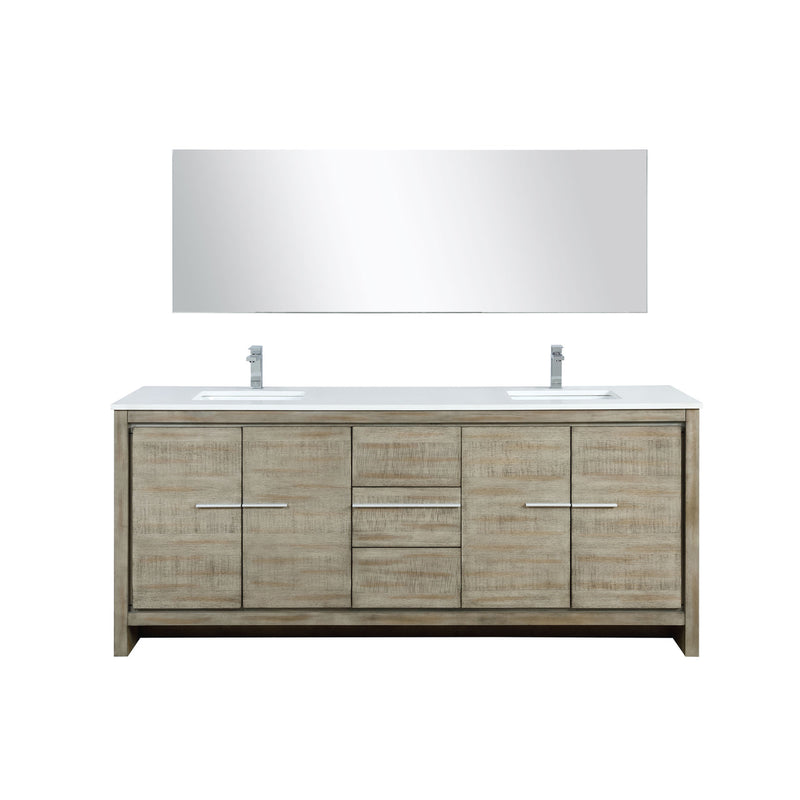 Lexora  Lafarre 80" Rustic Acacia Double Bathroom Vanity, White Quartz Top, White Square Sinks, Labaro Brushed Nickel Faucet Set, and 70" Frameless Mirror LLF80DKSODM70FBN