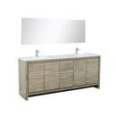 Lexora  Lafarre 80" Rustic Acacia Double Bathroom Vanity, White Quartz Top, White Square Sinks, Labaro Brushed Nickel Faucet Set, and 70" Frameless Mirror LLF80DKSODM70FBN