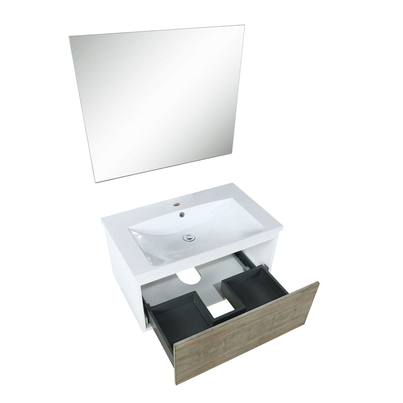 Lexora Scopi 30" Rustic Acacia Bathroom Vanity, Acrylic Composite Top with Integrated Sink, and 28" Frameless Mirror LSC30SRAOSM28