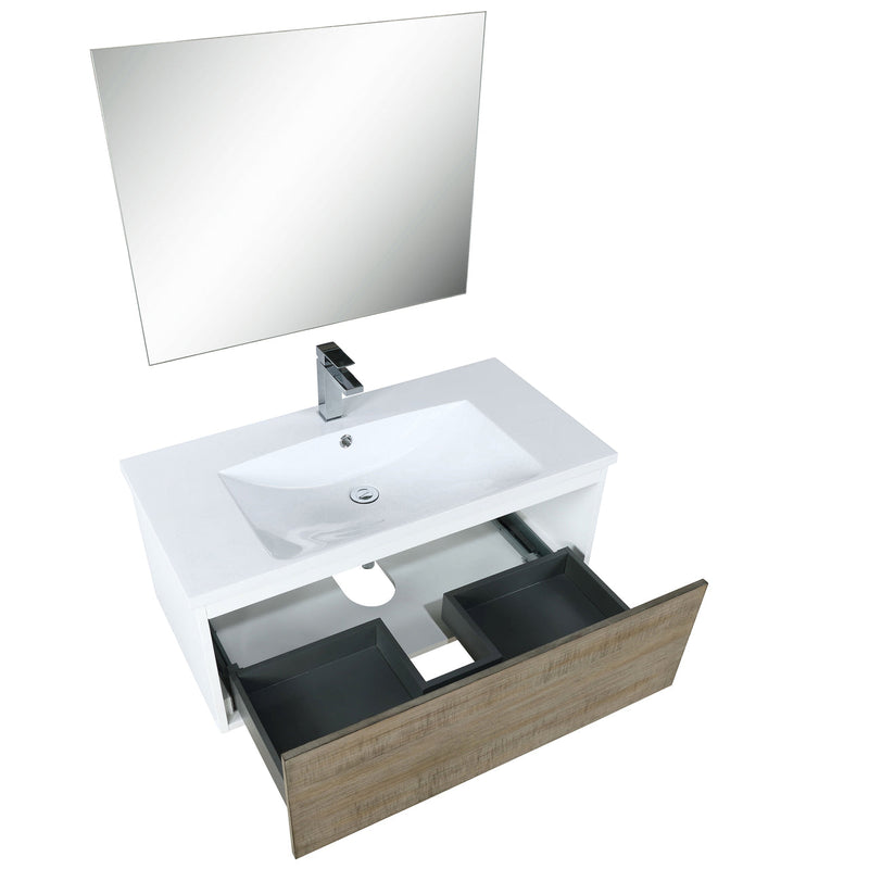 Lexora Scopi 36" Rustic Acacia Bathroom Vanity, Acrylic Composite Top with Integrated Sink, Balzani Gun Metal Faucet Set, and 28" Frameless Mirror LSC36SRAOSM28FGM