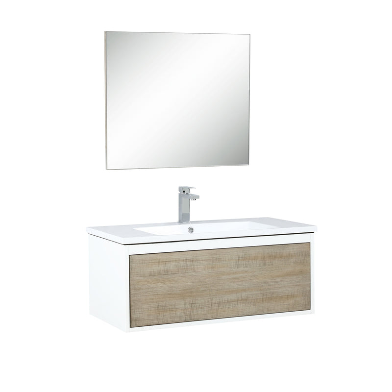 Lexora Scopi 36" Rustic Acacia Bathroom Vanity, Acrylic Composite Top with Integrated Sink, Balzani Gun Metal Faucet Set, and 28" Frameless Mirror LSC36SRAOSM28FGM