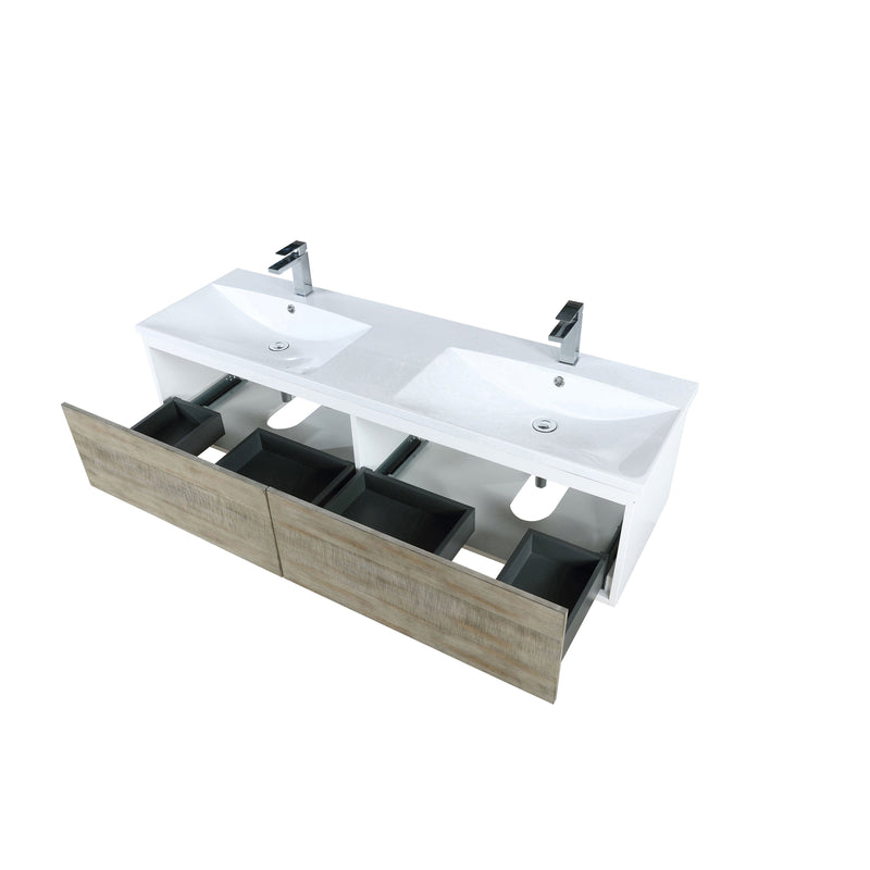 Lexora Scopi 60" Rustic Acacia Double Bathroom Vanity, Acrylic Composite Top with Integrated Sinks, and Balzani Gun Metal Faucet Set LSC60DRAOS000FGM