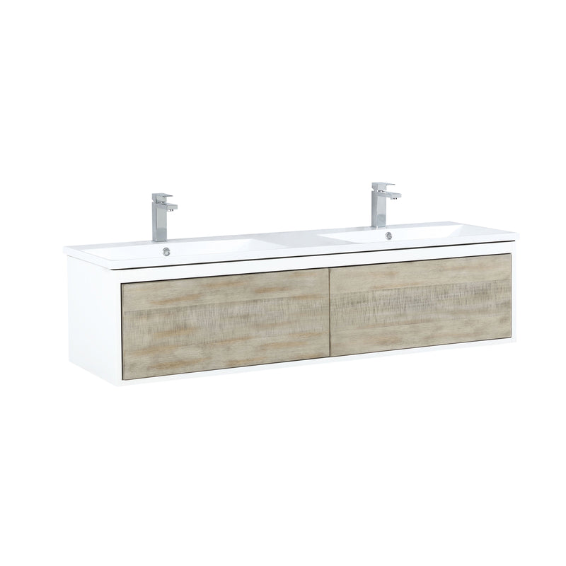 Lexora Scopi 60" Rustic Acacia Double Bathroom Vanity, Acrylic Composite Top with Integrated Sinks, and Balzani Gun Metal Faucet Set LSC60DRAOS000FGM