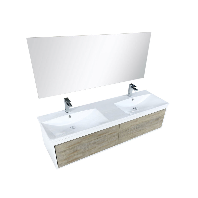 Lexora Scopi 60" Rustic Acacia Double Bathroom Vanity, Acrylic Composite Top with Integrated Sinks, Labaro Brushed Nickel Faucet Set, and 55" Frameless Mirror LSC60DRAOSM55FBN