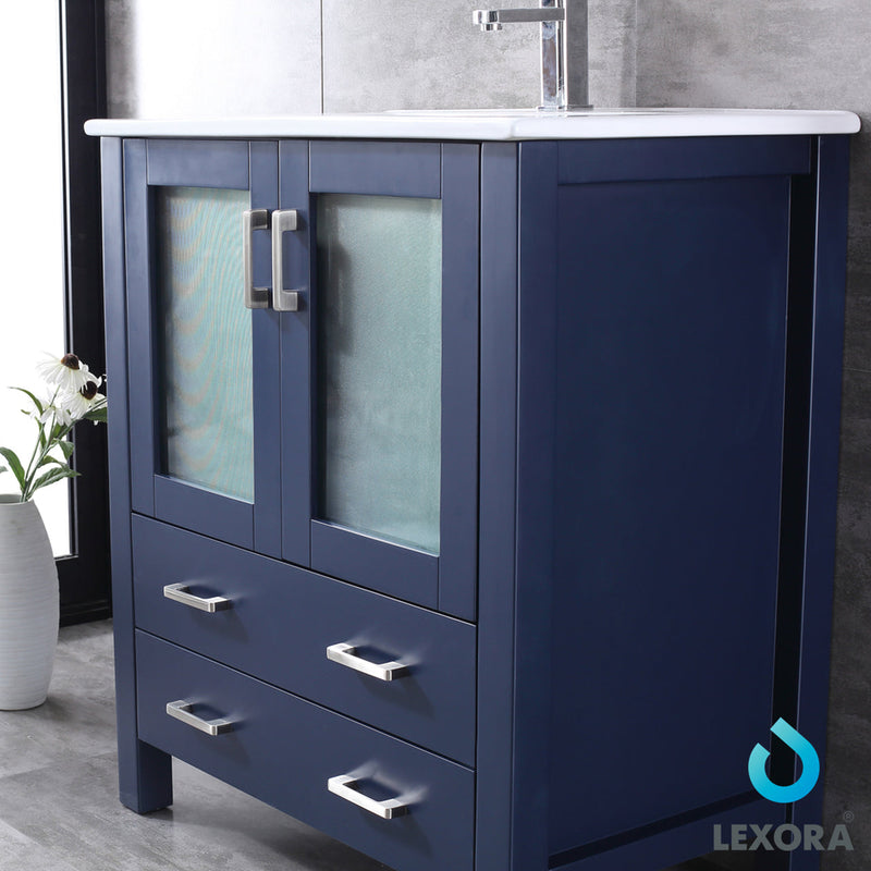 Lexora  Volez 30" Navy Blue Single Vanity, Integrated Top, White Integrated Square Sink and 28" Mirror LV341830SEESM28