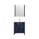Lexora  Volez 30" Navy Blue Single Vanity, Integrated Top, White Integrated Square Sink and 28" Mirror w/ Faucet LV341830SEESM28F