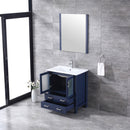 Lexora  Volez 30" Navy Blue Single Vanity, Integrated Top, White Integrated Square Sink and 28" Mirror w/ Faucet LV341830SEESM28F