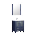 Lexora  Volez 30" Navy Blue Single Vanity, Integrated Top, White Integrated Square Sink and 28" Mirror w/ Faucet LV341830SEESM28F