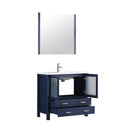 Lexora  Volez 36" Navy Blue Single Vanity, Integrated Top, White Integrated Square Sink and 34" Mirror w/ Faucet LV341836SEESM34F