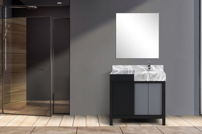 Lexora Zilara 36" Black and Grey Vanity, Castle Grey Marble Top, White Square Sink, Balzani Gun Metal Faucet Set, and 30" Frameless Mirror - LZ342236SLISM30FBG