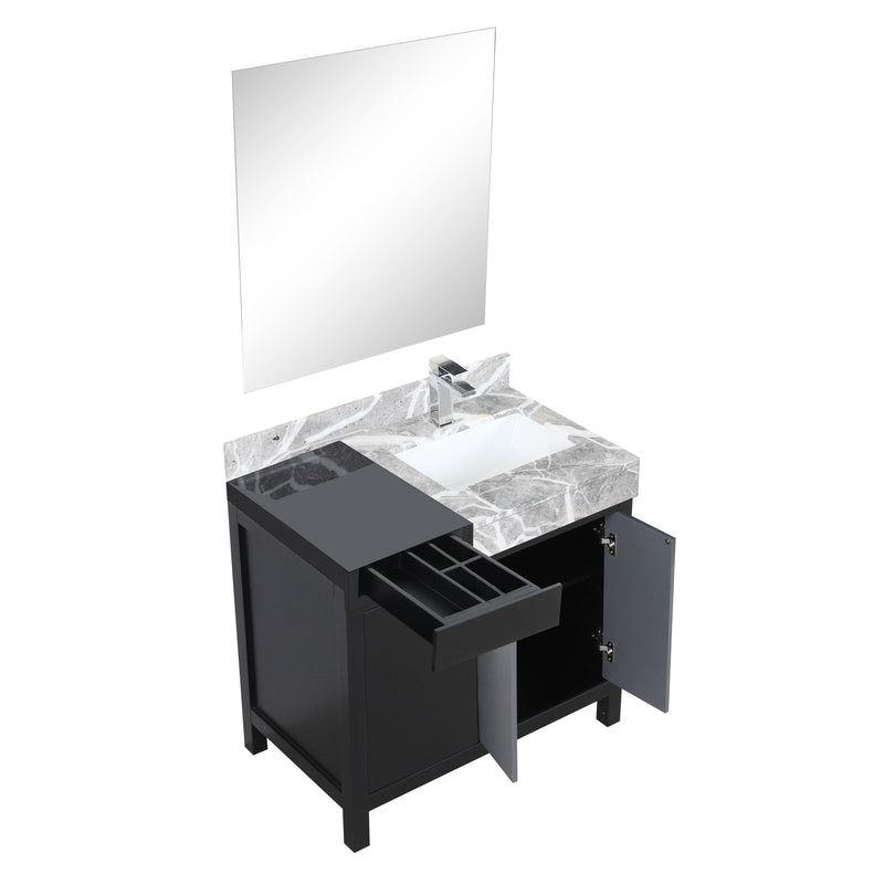 Lexora Zilara 36" Black and Grey Vanity, Castle Grey Marble Top, White Square Sink, Balzani Gun Metal Faucet Set, and 30" Frameless Mirror - LZ342236SLISM30FBG