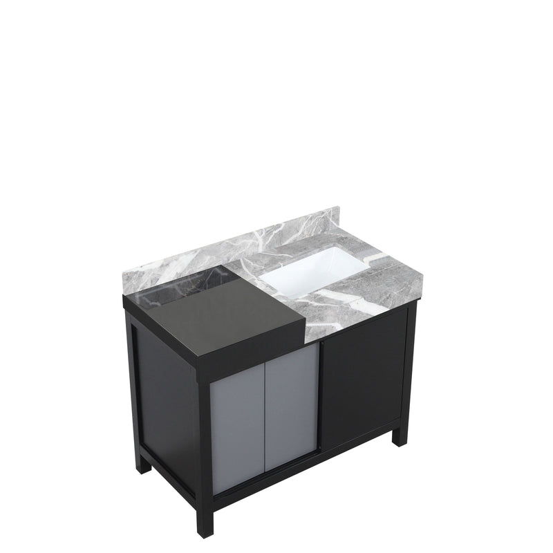 Lexora Zilara 36" Black and Grey Vanity, Castle Grey Marble Top, White Square Sink, Balzani Gun Metal Faucet Set, and 30" Frameless Mirror - LZ342236SLISM30FBG