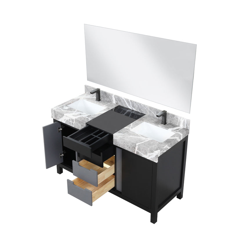 Lexora Zilara 55" Black and Grey Double Vanity, Castle Grey Marble Tops, White Square Sinks, Balzani Gun Metal Faucet Sets, and 53" Frameless Mirror - LZ342255SLISM53FBG