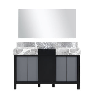 Lexora Zilara 55" Black and Grey Double Vanity, Castle Grey Marble Tops, White Square Sinks, and 53" Frameless Mirror - LZ342255SLISM53