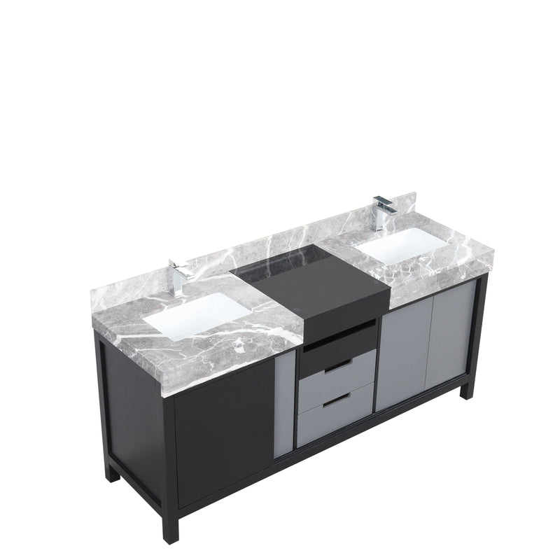 Lexora Zilara 72" Black and Grey Double Vanity, Castle Grey Marble Tops, White Square Sinks, and Balzani Gun Metal Faucet Set - LZ342272DLISFBG