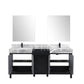 Lexora Zilara 72" Black and Grey Double Vanity, Castle Grey Marble Tops, White Square Sinks, Balzani Gun Metal Faucet Set, and 28" Frameless Mirrors - LZ342272DLISM28FBG