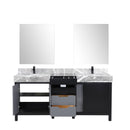 Lexora Zilara 72" Black and Grey Double Vanity, Castle Grey Marble Tops, White Square Sinks, Balzani Gun Metal Faucet Set, and 28" Frameless Mirrors - LZ342272DLISM28FBG