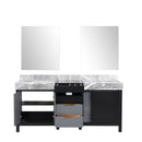 Lexora Zilara 72" Black and Grey Double Vanity, Castle Grey Marble Tops, White Square Sinks, and 28" Frameless Mirrors - LZ342272DLISM28